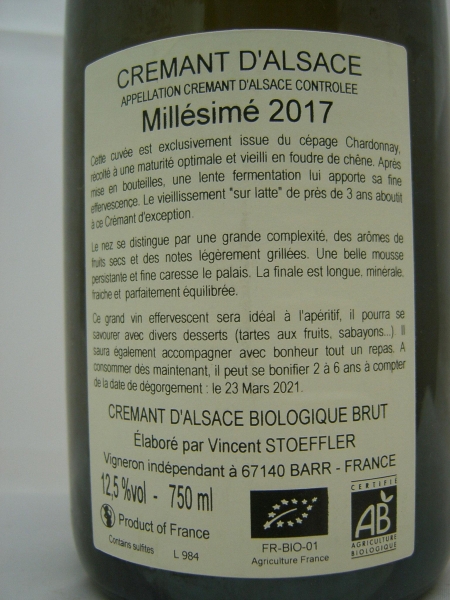 Domaine Stoeffler (Vincent) Crémant Millesime Brut 2018, AC Crémant d'Alsace, Schaumwein weiß, trocken, 0,75l